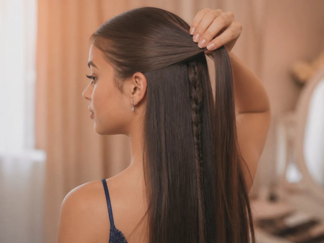 Long straight hair lifted to reveal a thin braid hidden beneath the top layer