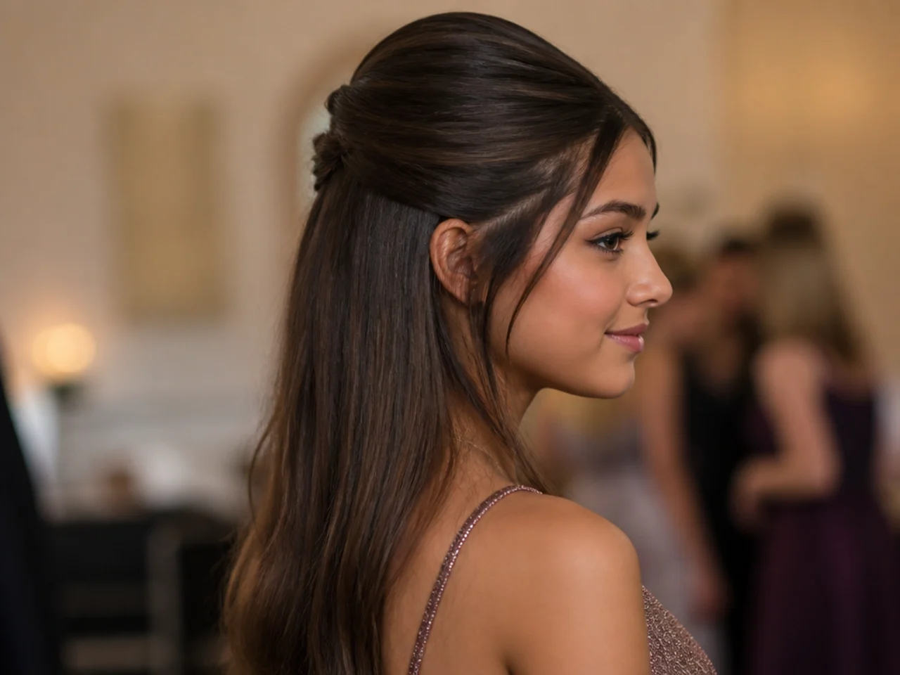 A half up half down style on long straight hair with a wide top section fastened at the crown