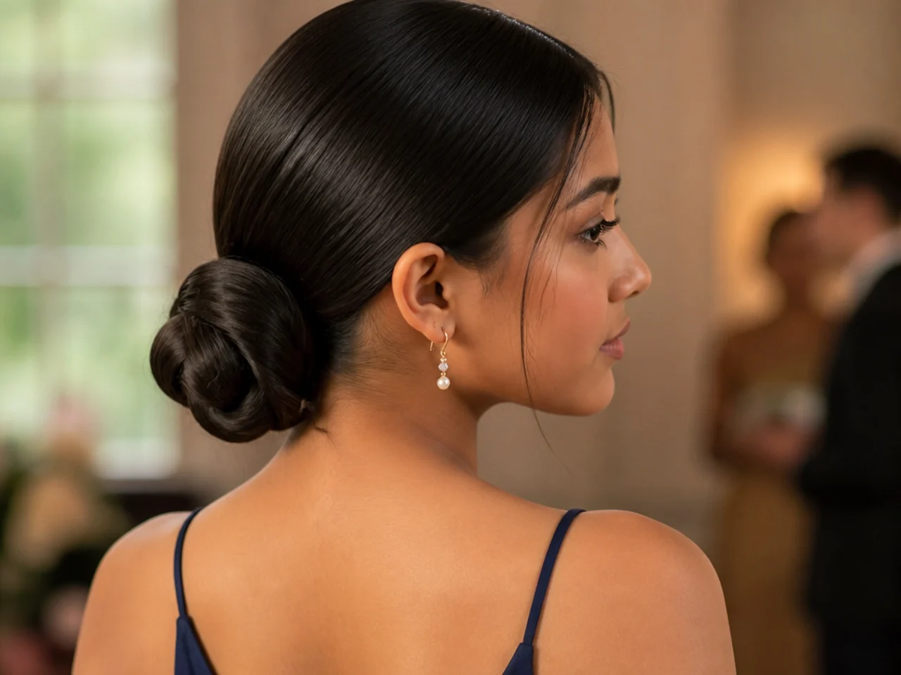 A sleek low bun at the nape on straight dark hair with a smooth polished surface