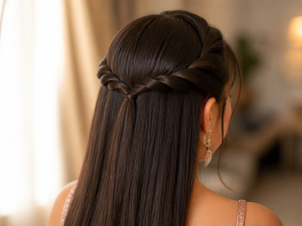 Two twisted front sections meeting at the crown of long straight hair, pinned together