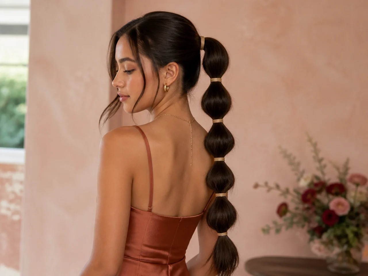 A bubble ponytail on long straight hair with evenly spaced bands and rounded sections
