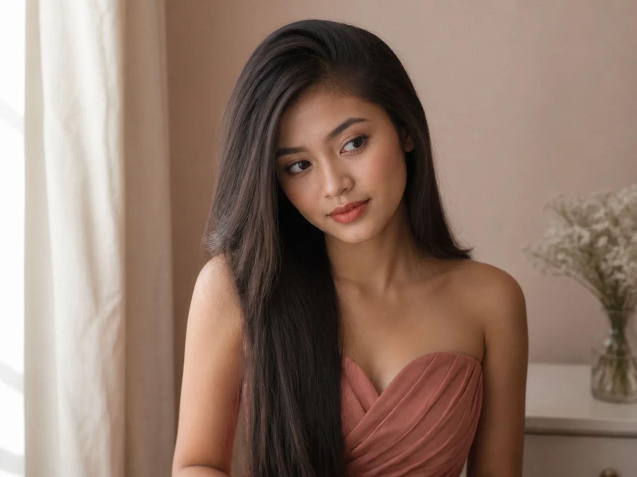 Long straight hair worn down with a deep side parting and lifted roots on the heavier side