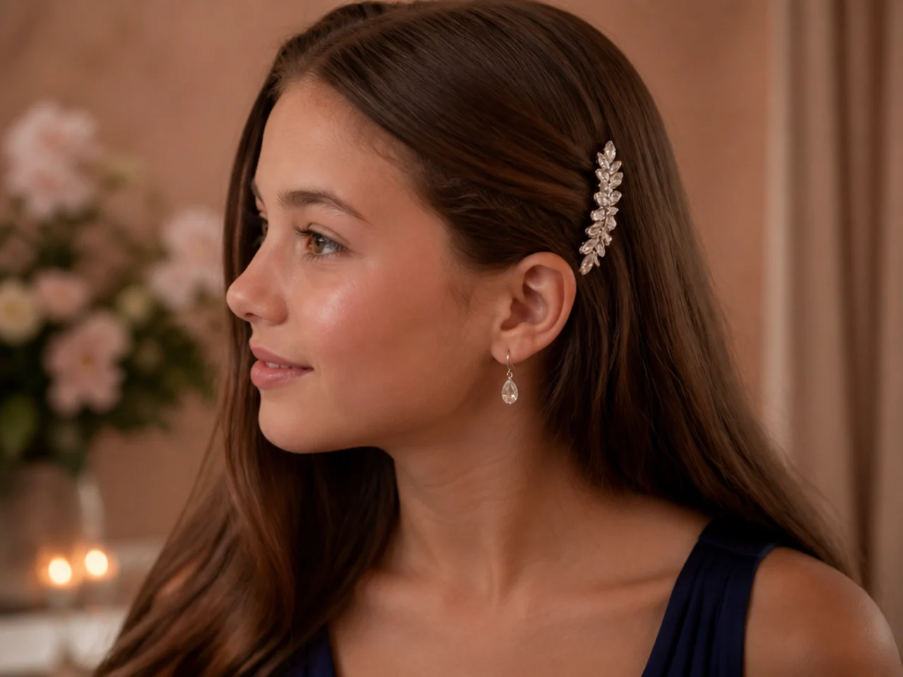 A crystal hair clip pinned behind the ear in long straight hair worn down