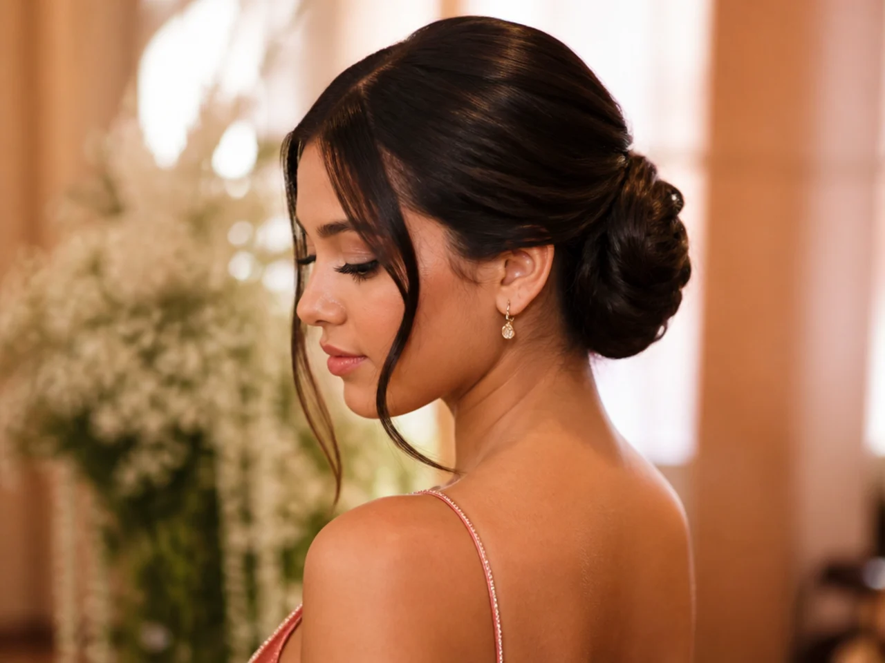 Three-quarter view of a finished sleek homecoming updo on long straight hair