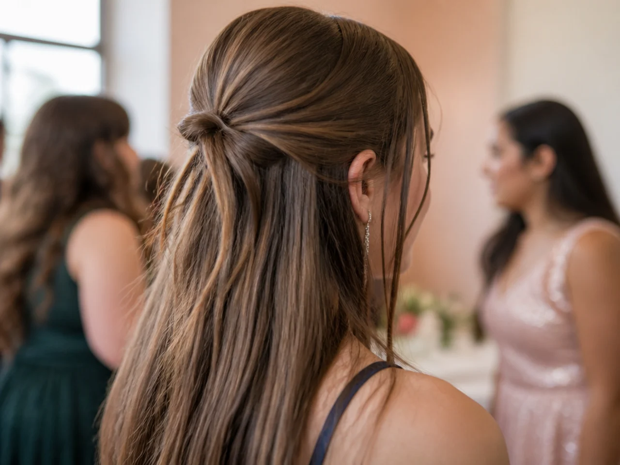 A loosened half up style on straight hair sagging at the fastening with pins working loose