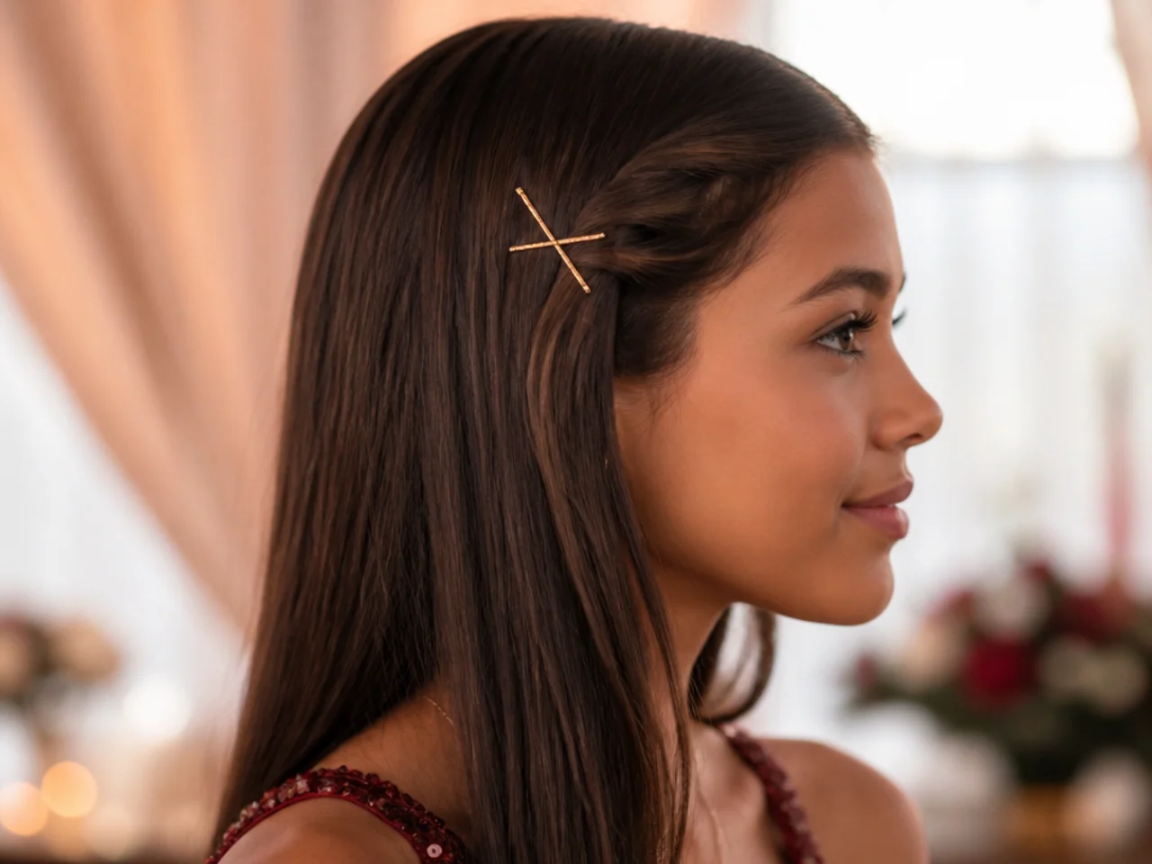 Two bobby pins crossed against each other securing a section of smooth straight hair
