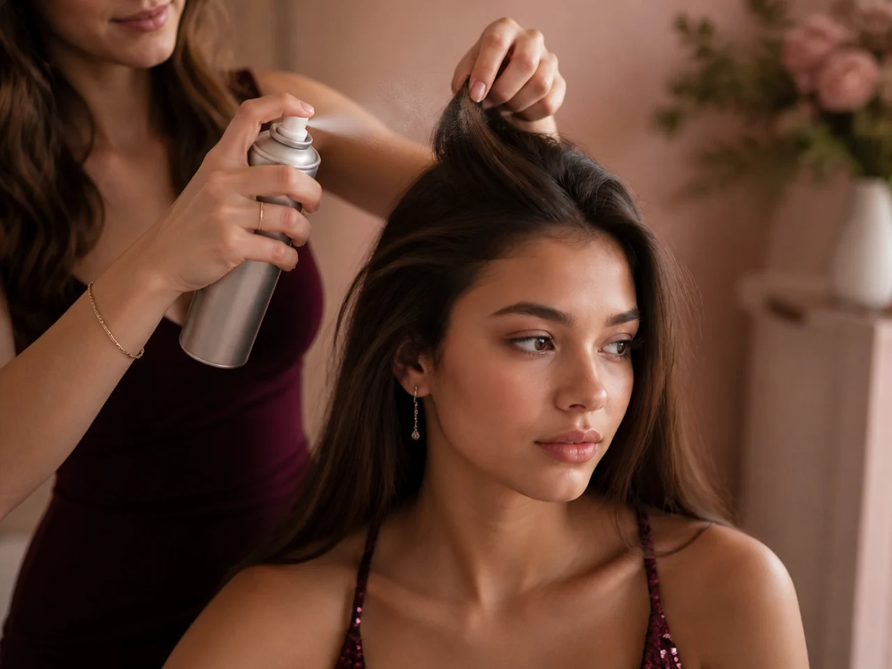 Texture spray being applied at the roots of long straight hair, sections lifted with fingers