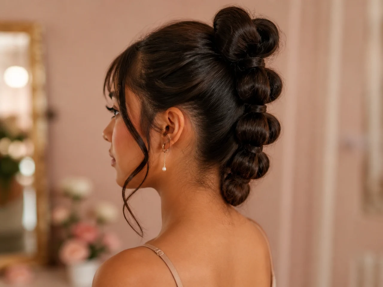 A series of hair knots stacked up the back of the head
