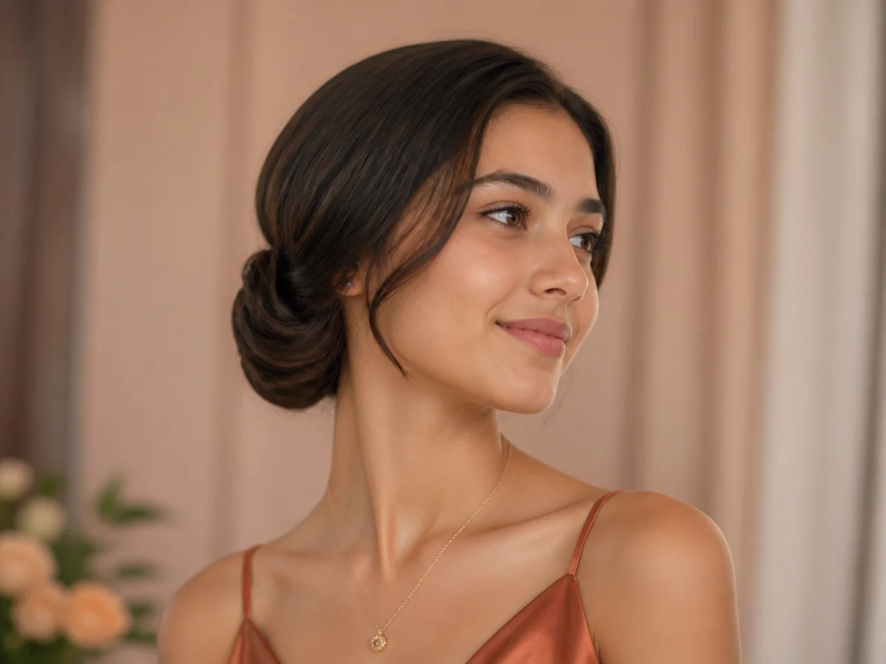 Long hair rolled under and pinned to look like a jaw length bob