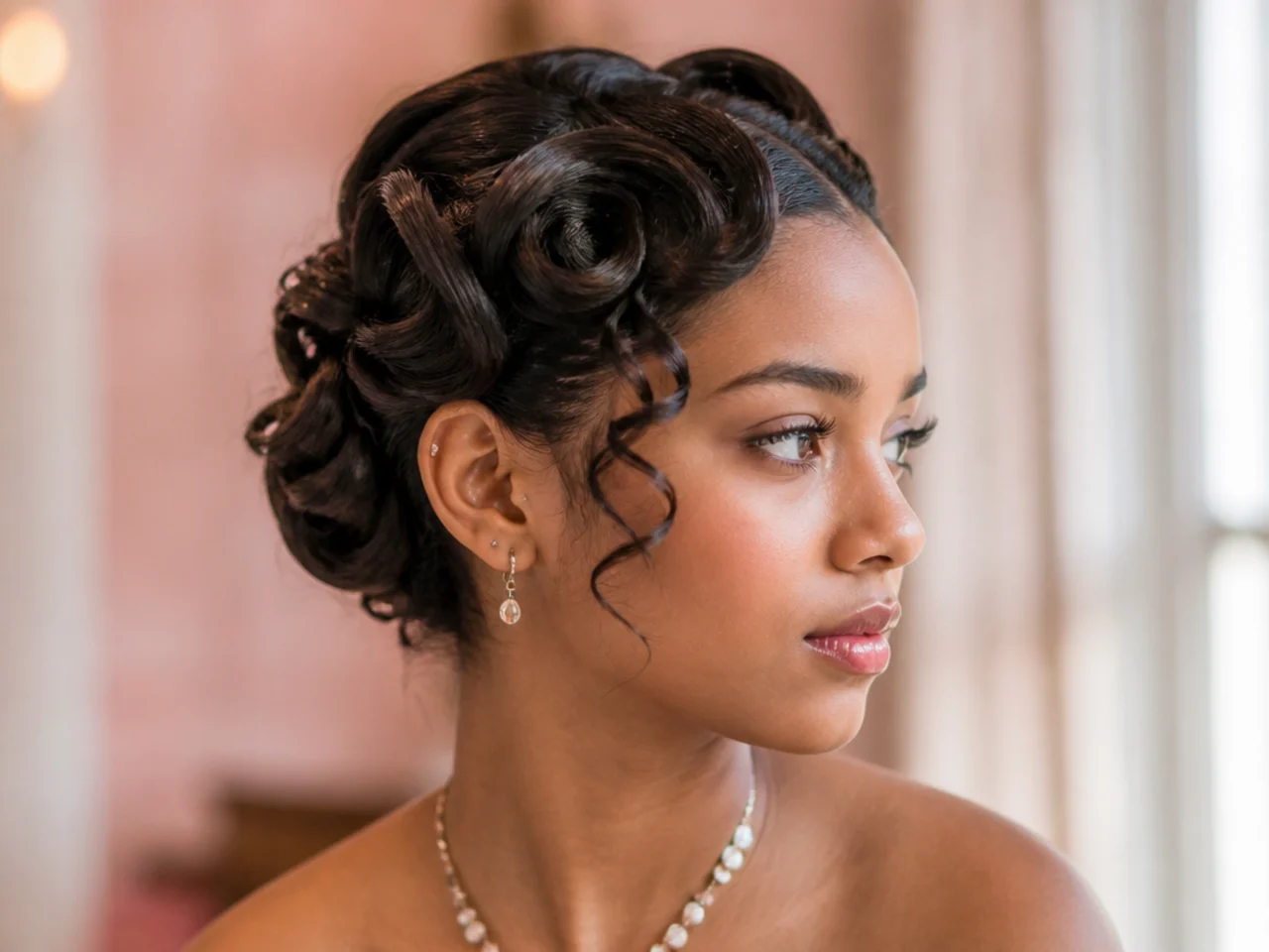 Flat pin curls arranged and pinned in a vintage updo