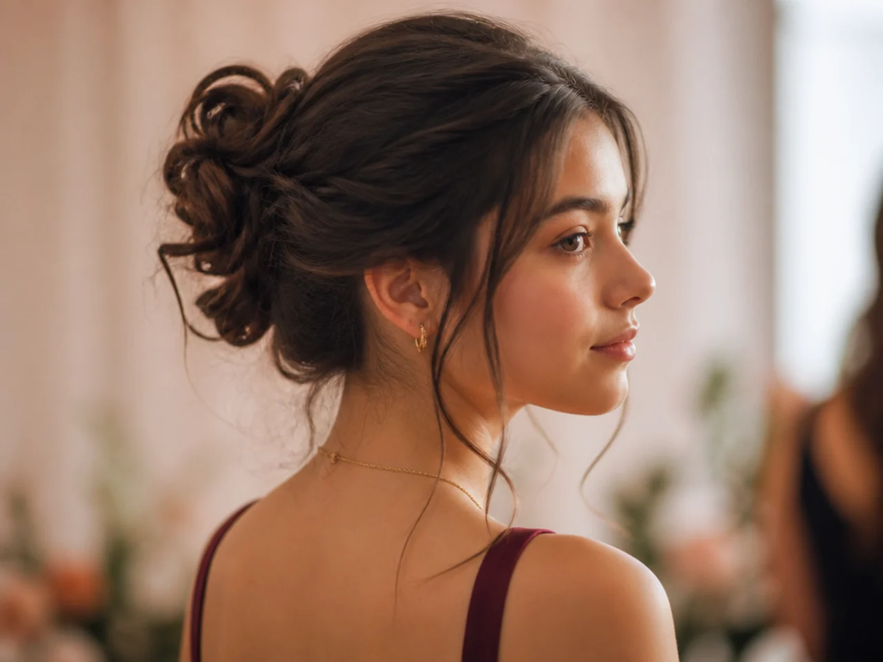 A loose textured bun with softly escaping strands around the face