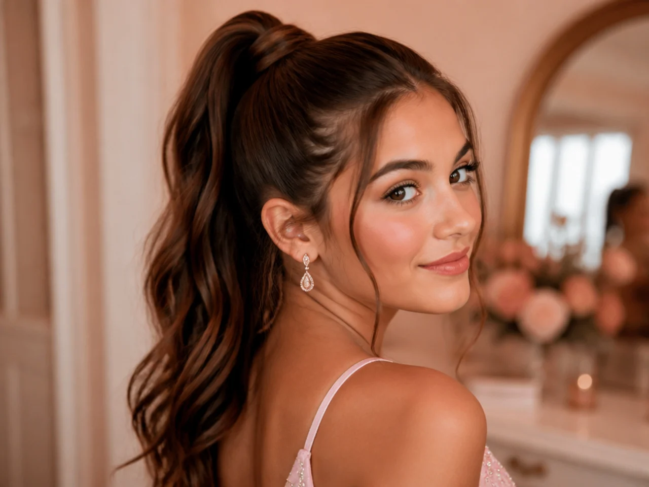 A high ponytail with a strand of hair wrapped around the base