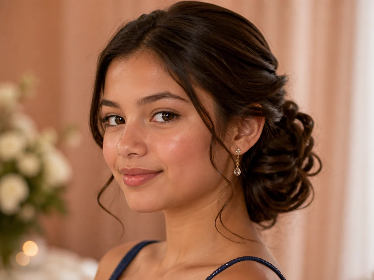 A low updo swept and gathered behind one ear
