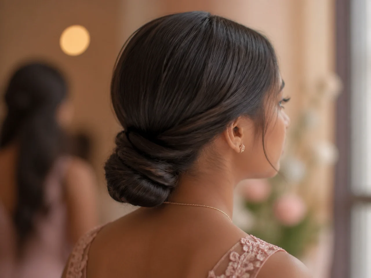 A low bun made from a twisted rope of hair coiled at the nape