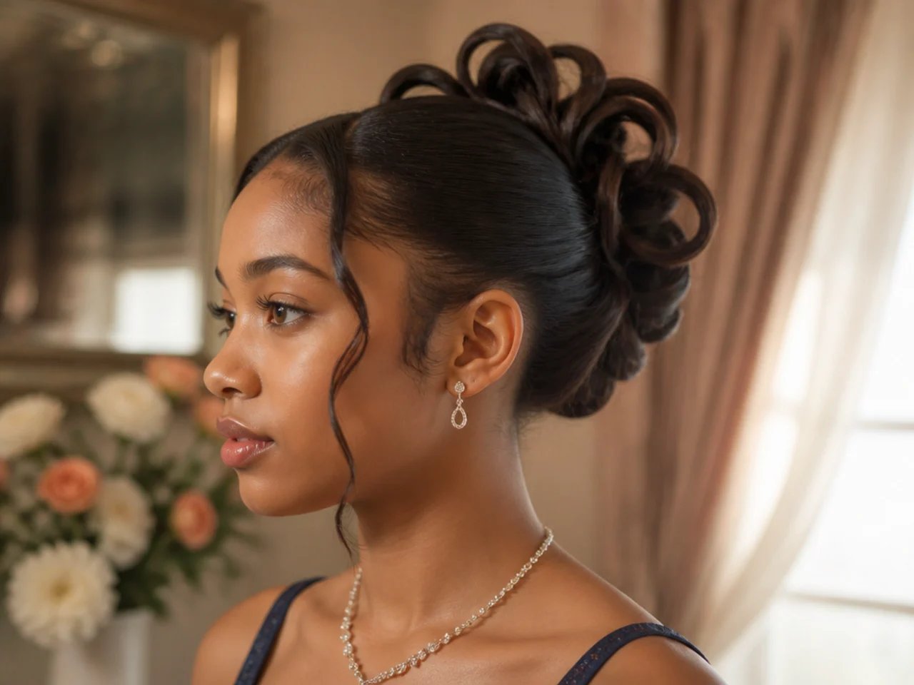 An updo built from several standing loops of hair pinned at their bases