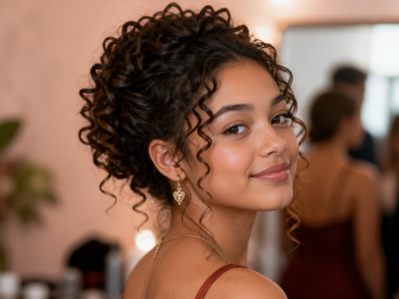 Defined curl clusters gathered and pinned into a soft updo