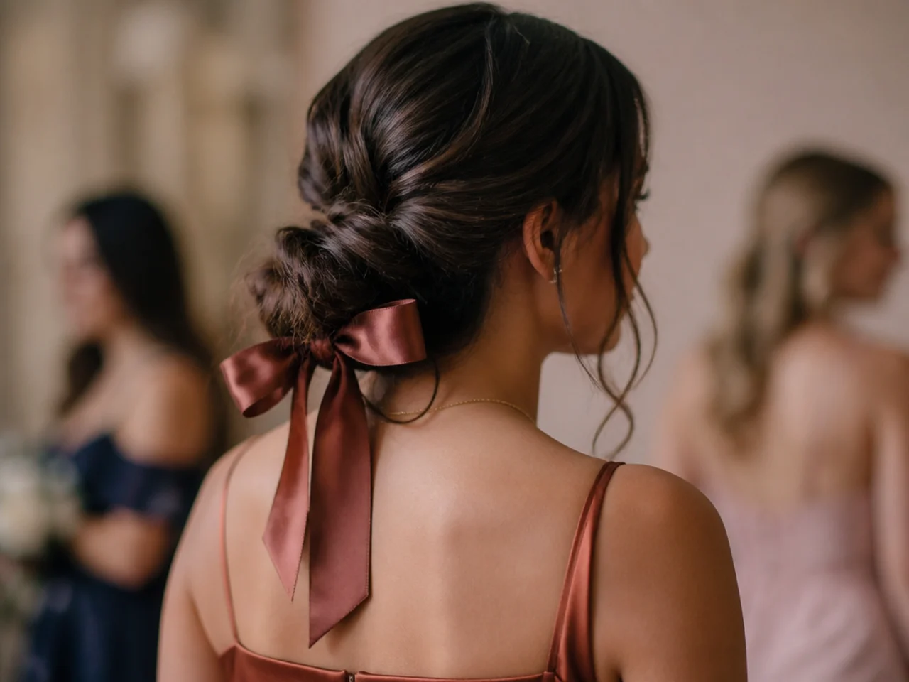 A satin ribbon tied at the base of a low updo