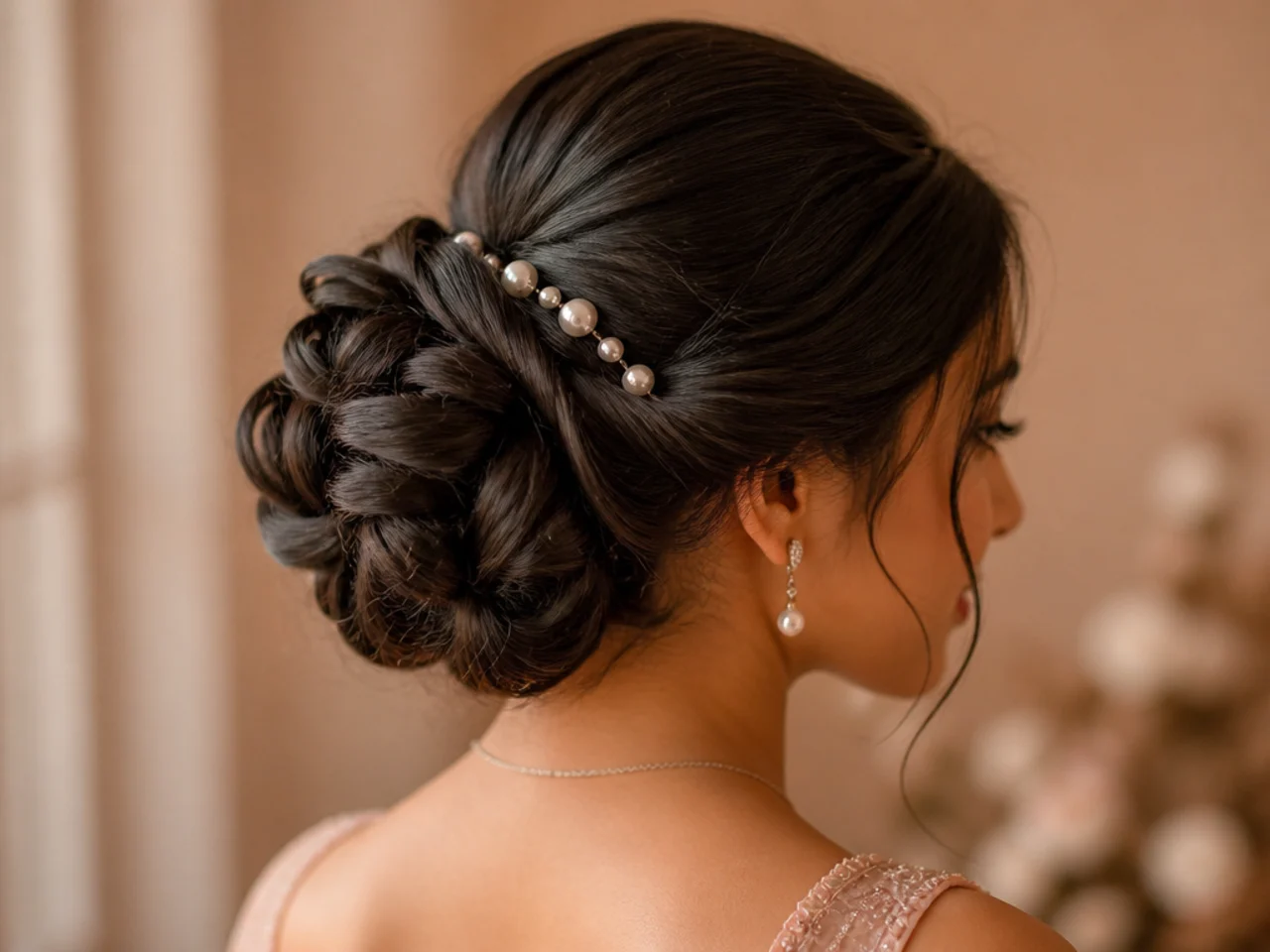 Pearl topped pins set along the seam of a coiled updo