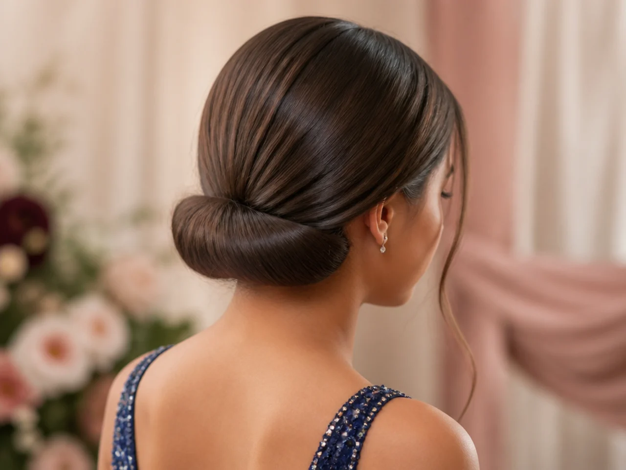 A horizontal roll of hair pinned flat along the nape