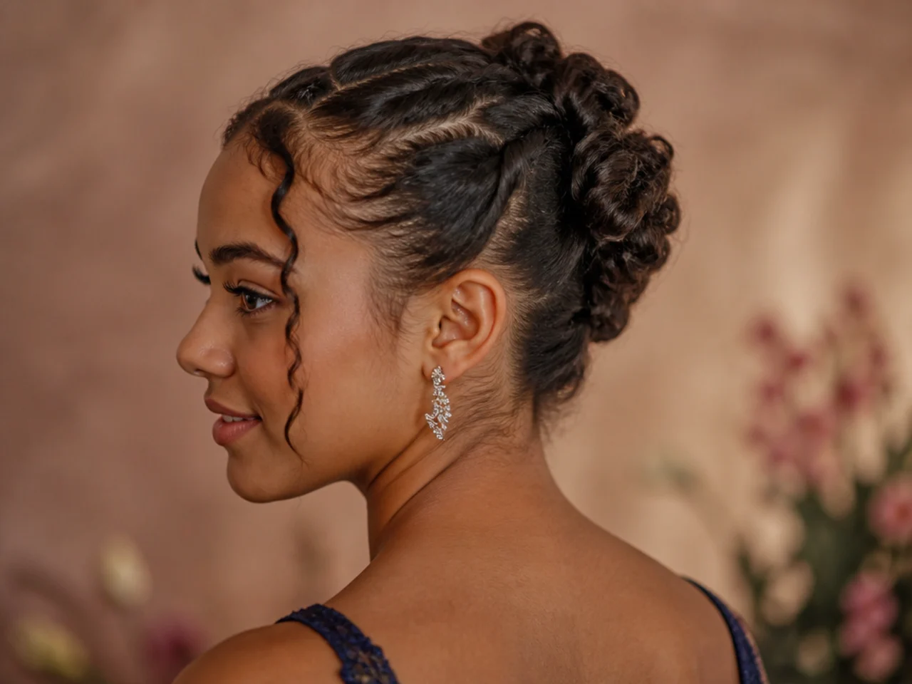 A short haired updo built from several small pinned twists