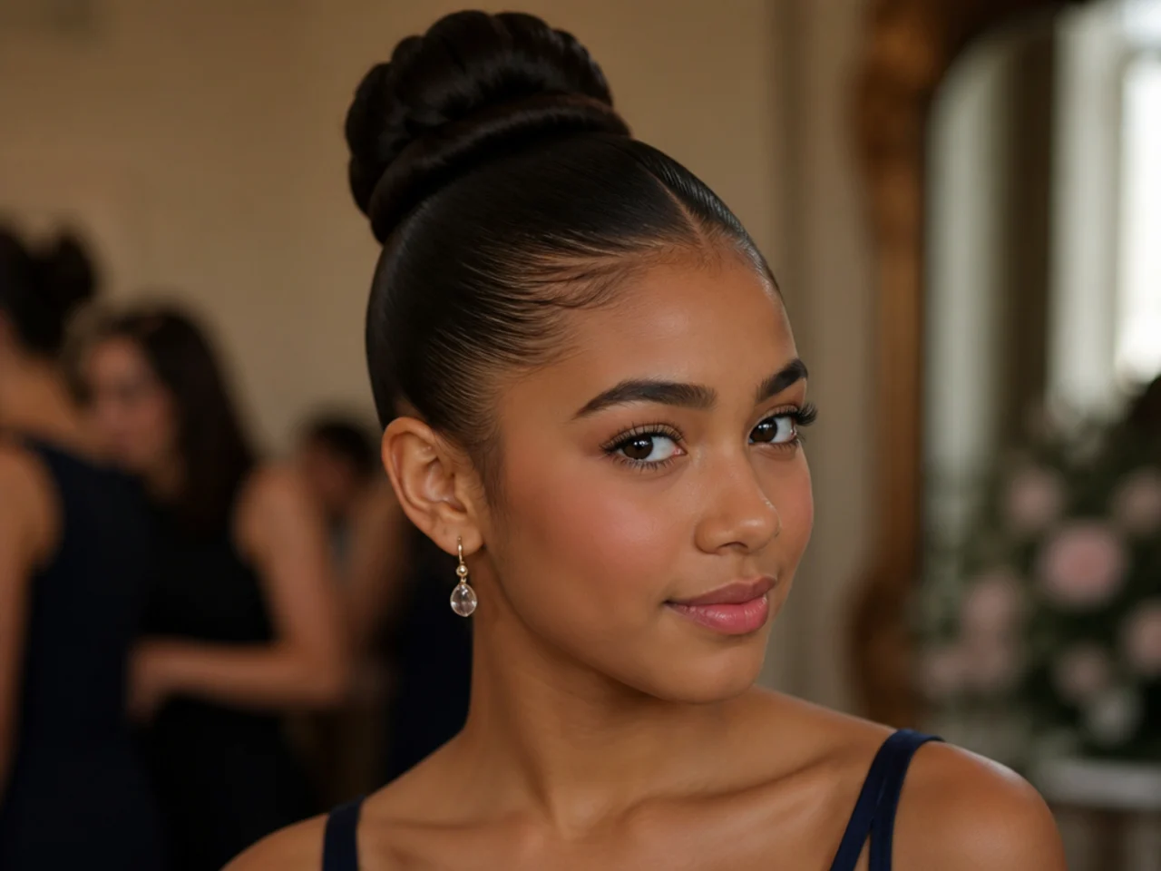 A sleek high bun with the front sections combed completely flat