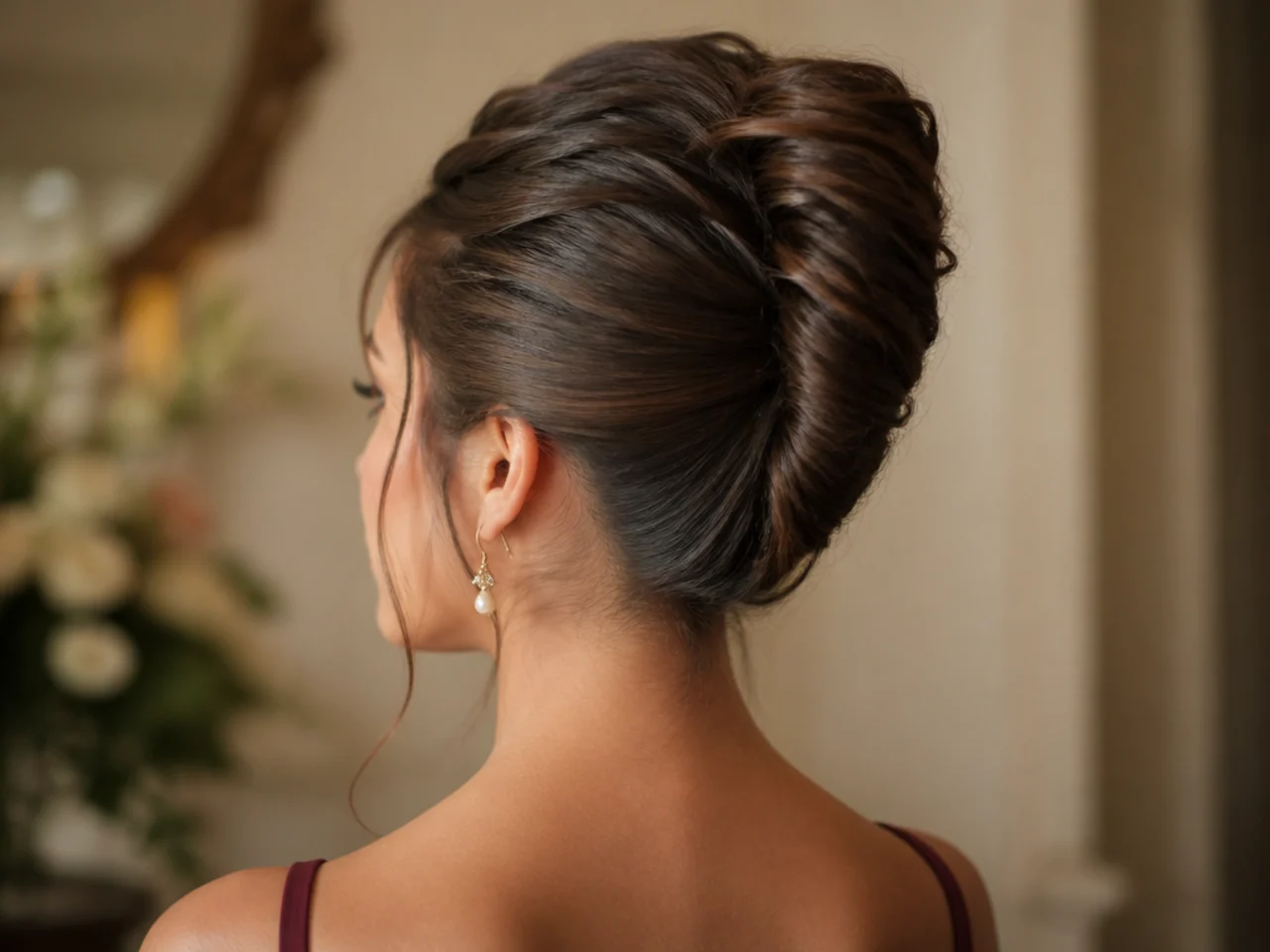 A vertical french twist rolled up the back of the head