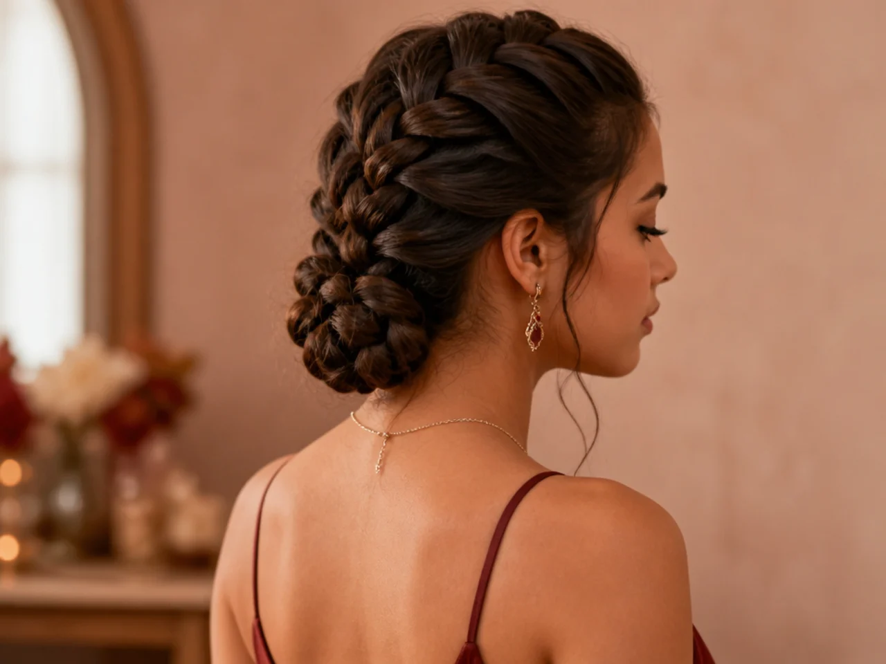 A raised dutch braid running down the back into a low coiled bun