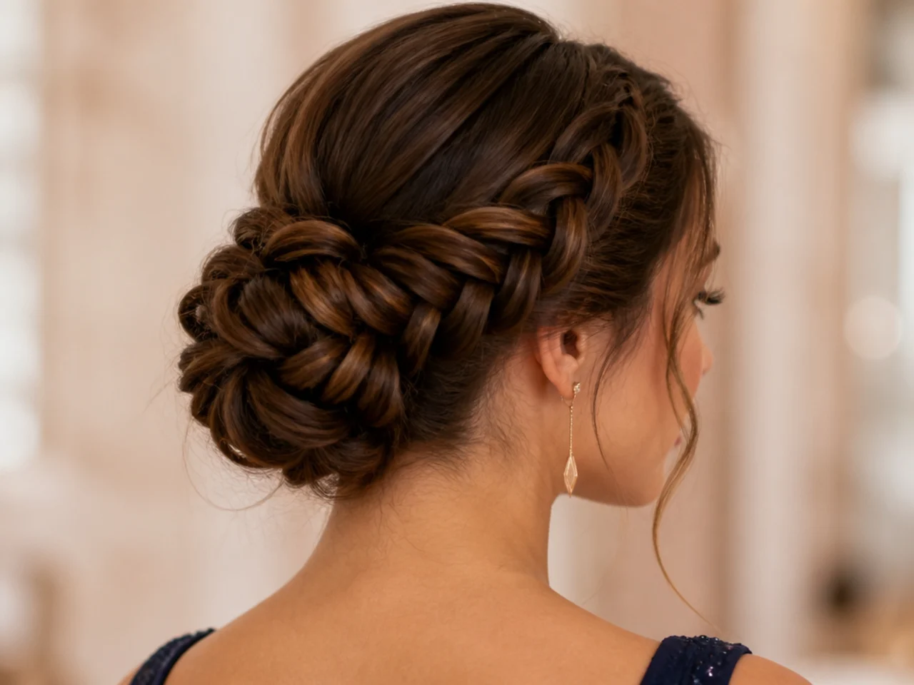 A dense fishtail braid coiled into a low bun