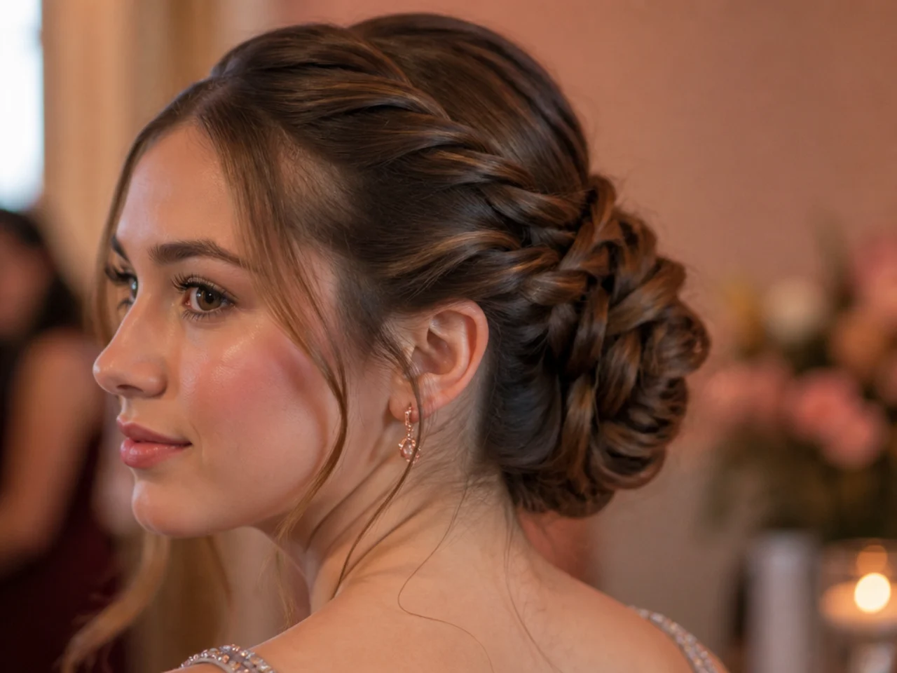 Two twisted ropes of hair wound around each other into an updo