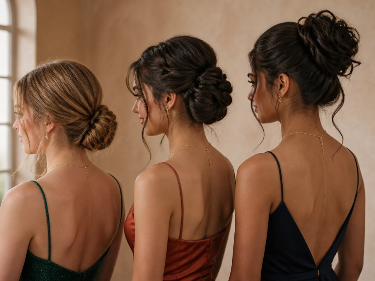 Three updo shapes shown side by side at low, mid and high positions on the head