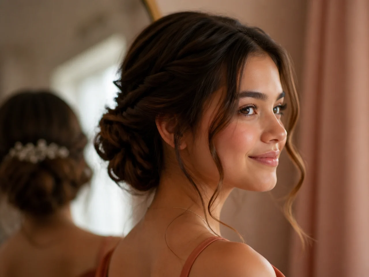 Three quarter view of a finished homecoming updo with soft face framing pieces