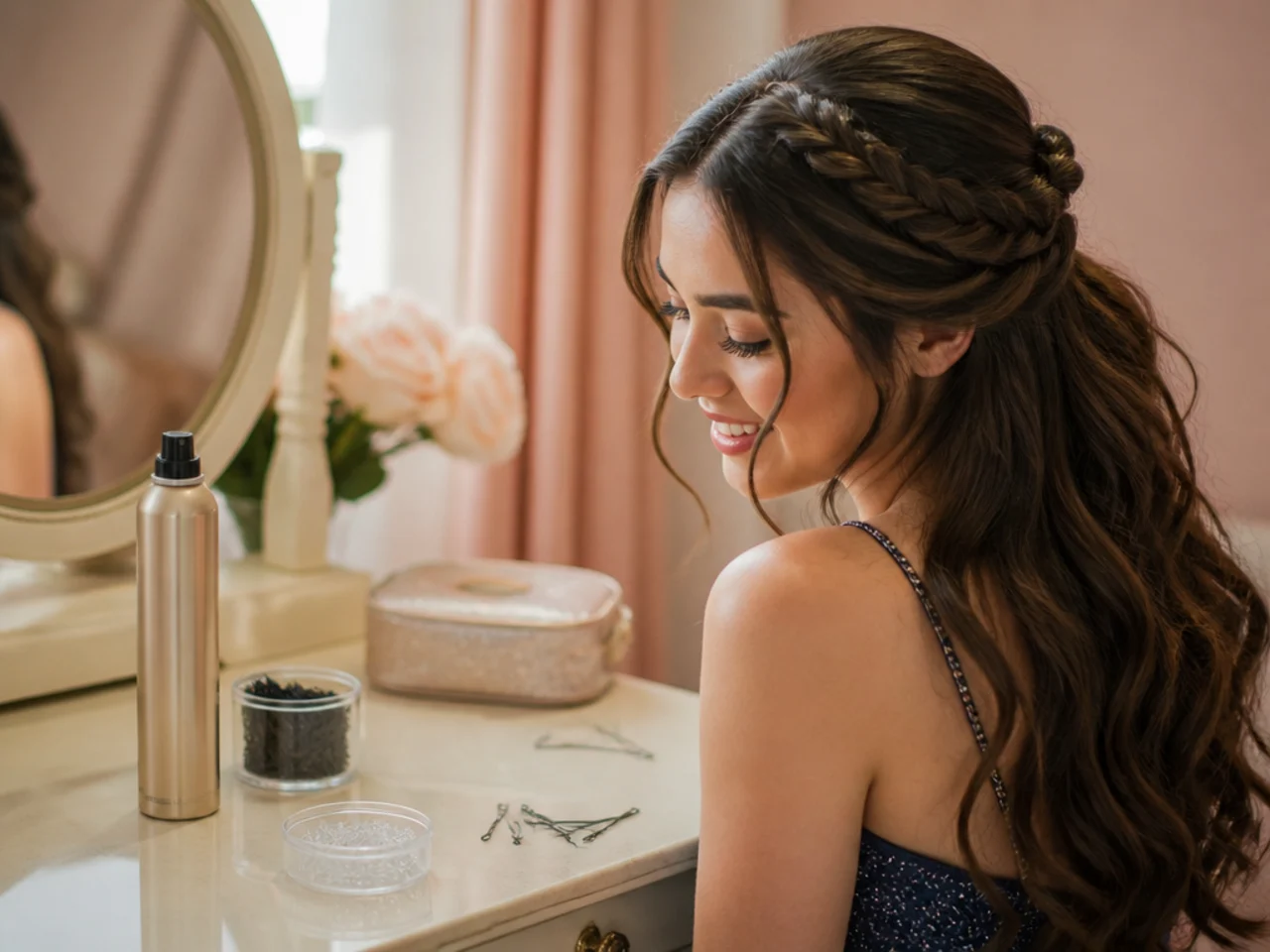 Bobby pins, clear elastics and flexible hold spray laid out on a dressing table