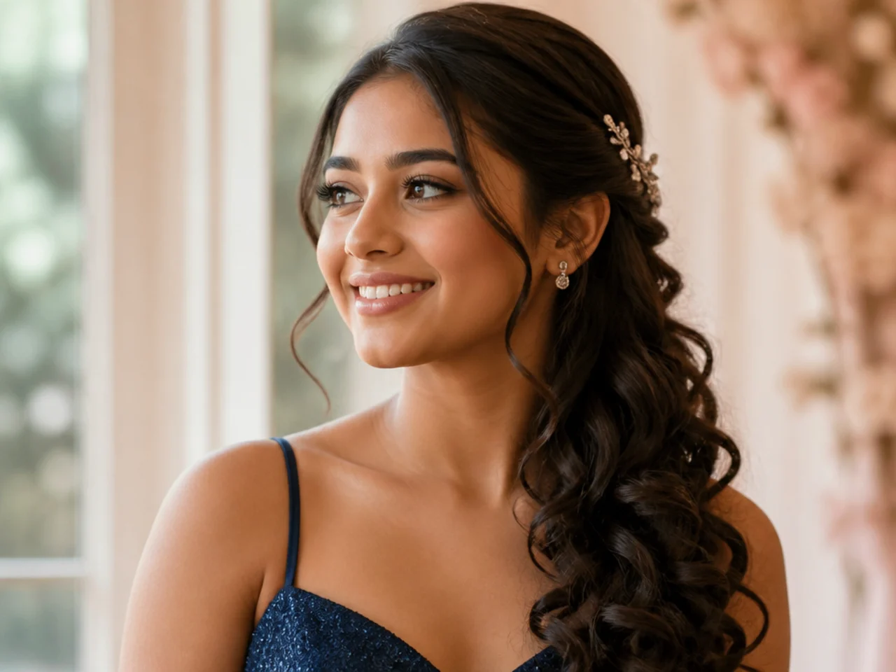 Curls swept over one shoulder and pinned behind the ear