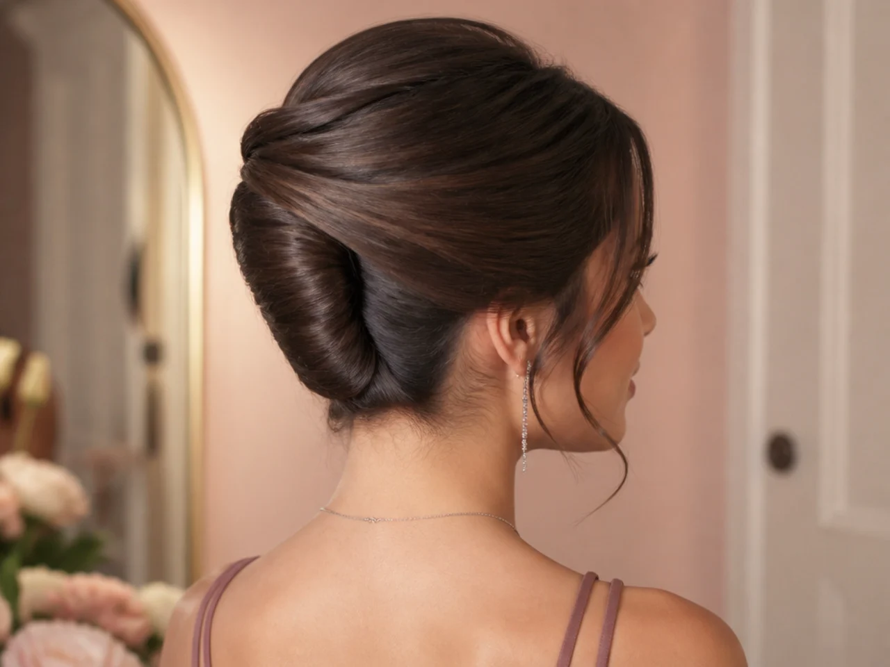 A classic French twist pinned at the back of the head