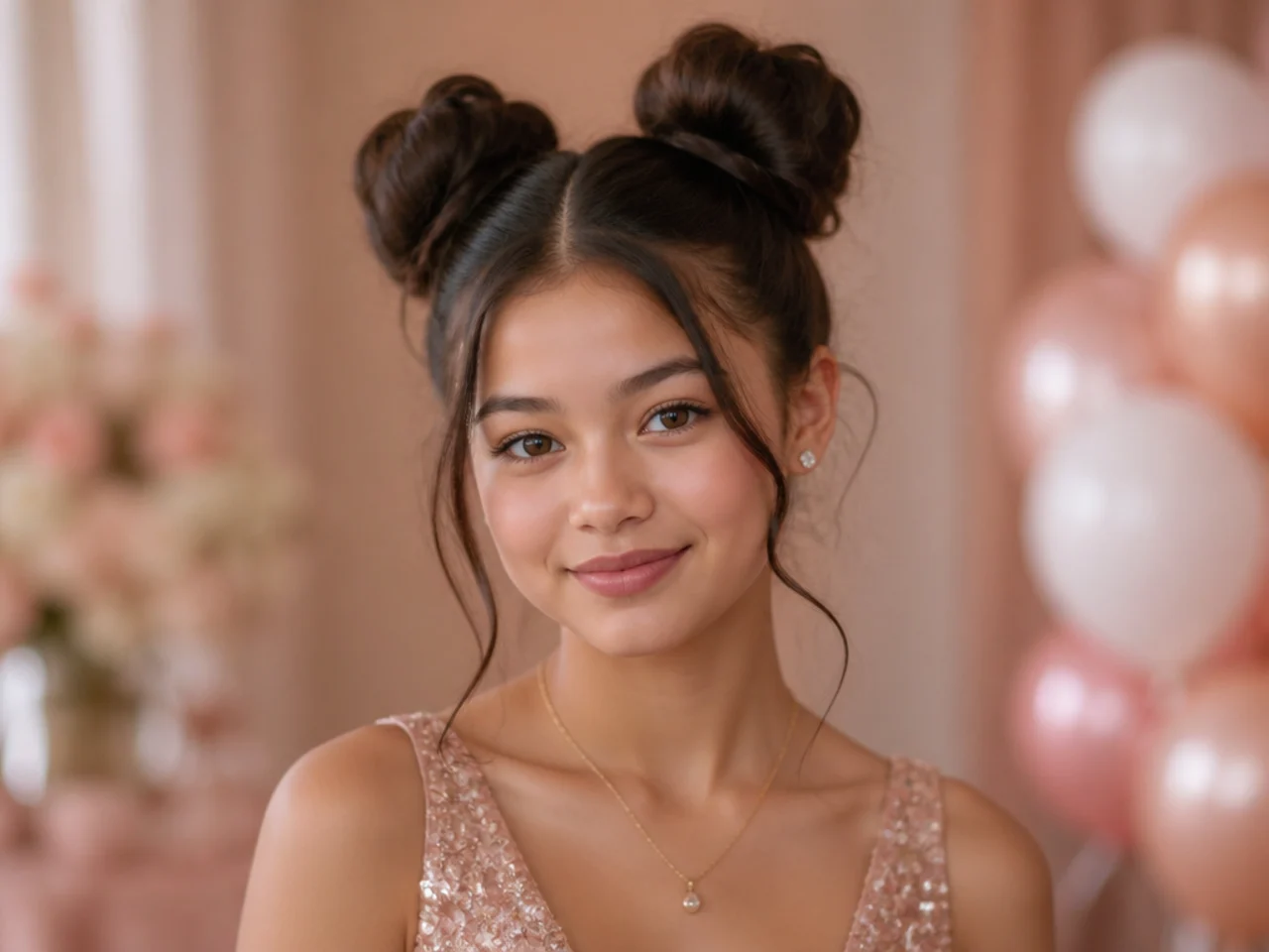 Two symmetrical buns set high on the head