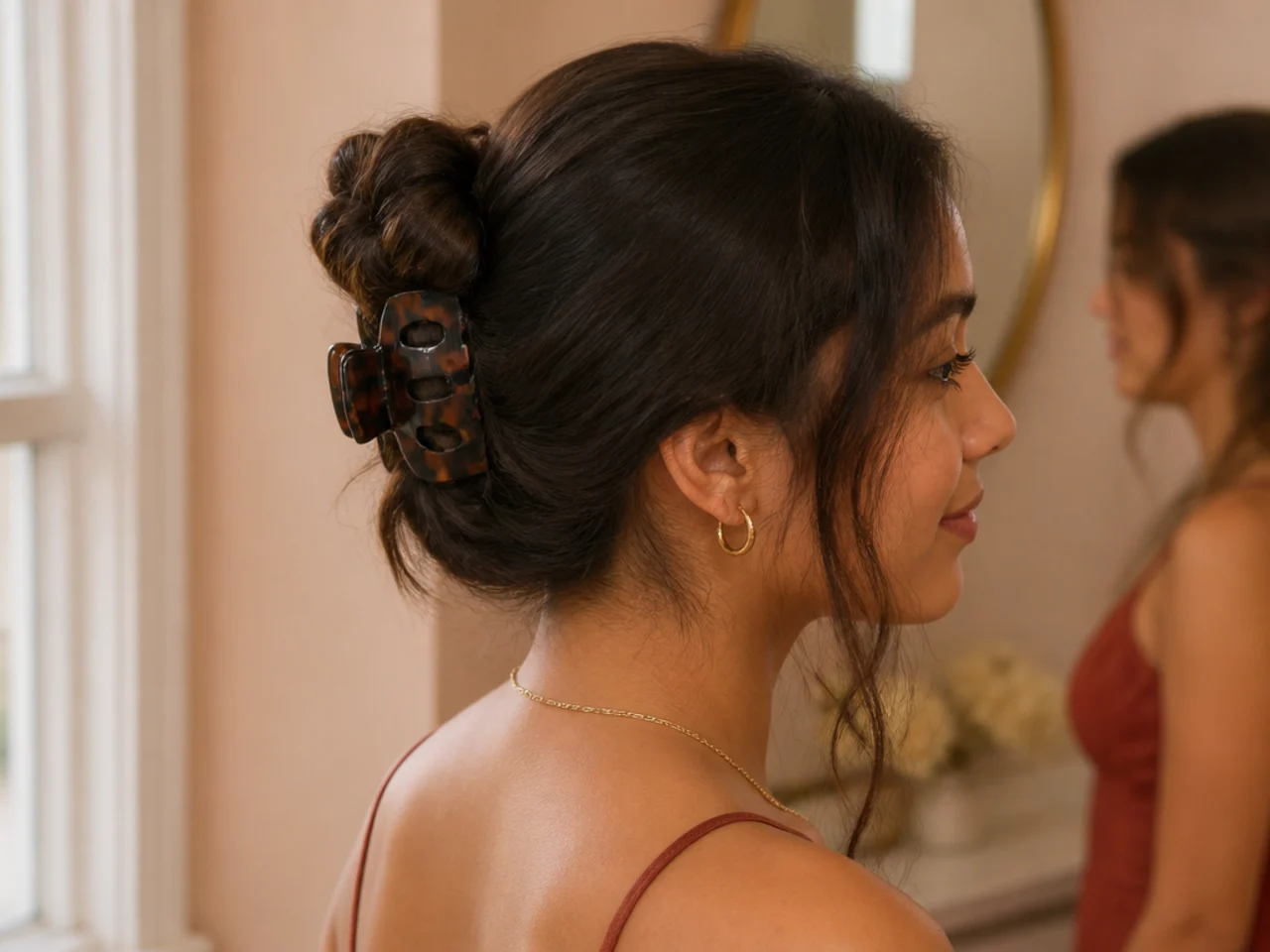 Hair twisted and secured with a claw clip