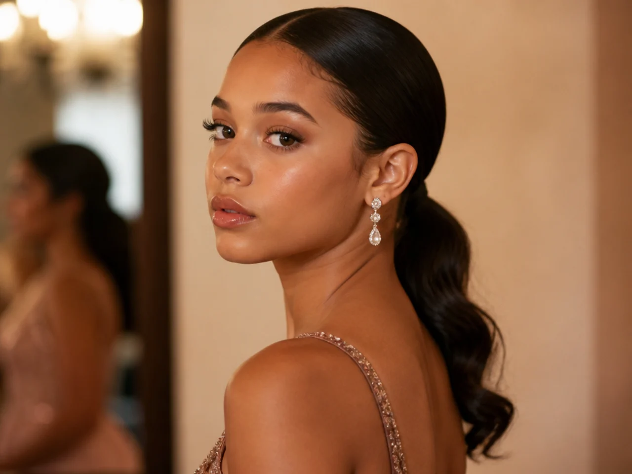 A slicked back low ponytail with a smooth crown