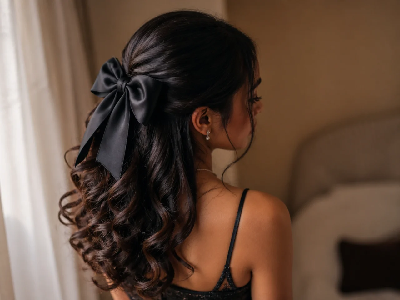 A curled half up hairstyle finished with a bow