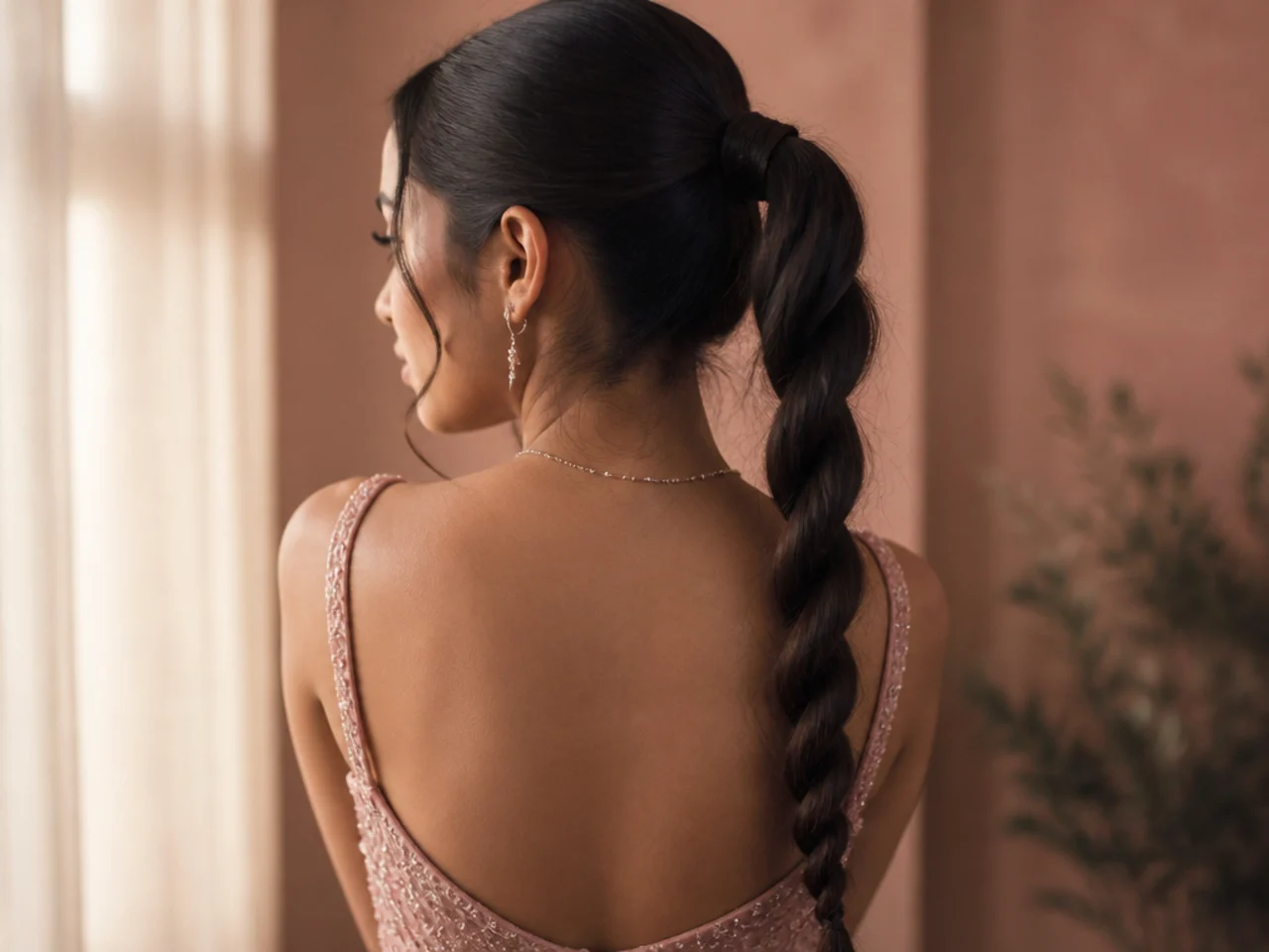 A rope twist ponytail falling down the back