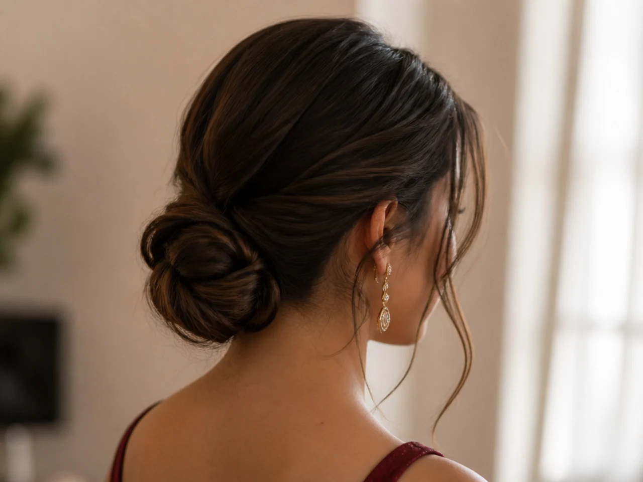 A low bun sitting at the nape of the neck