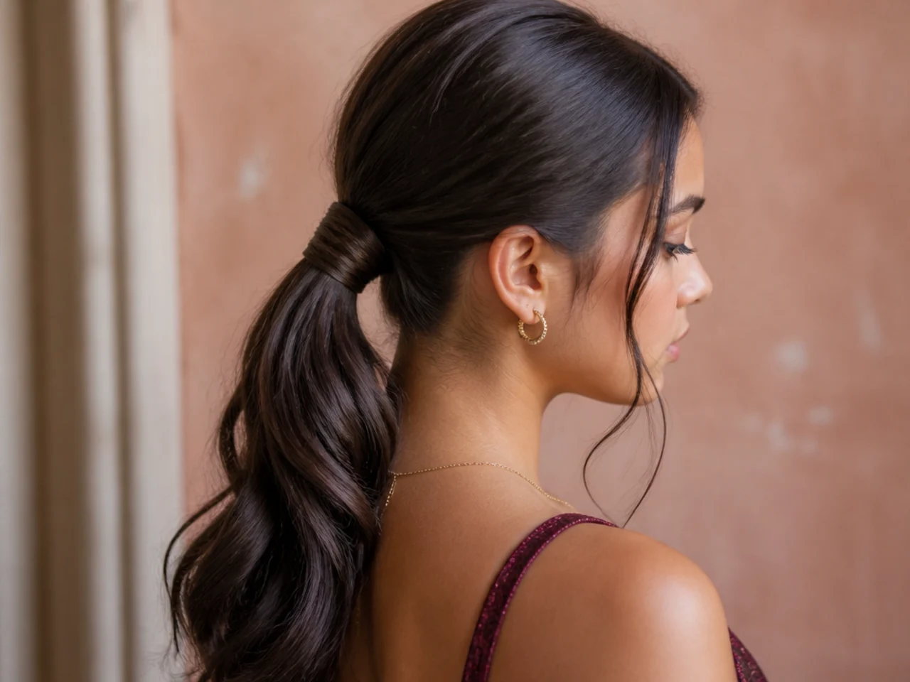 A low ponytail with hair wrapped around the elastic