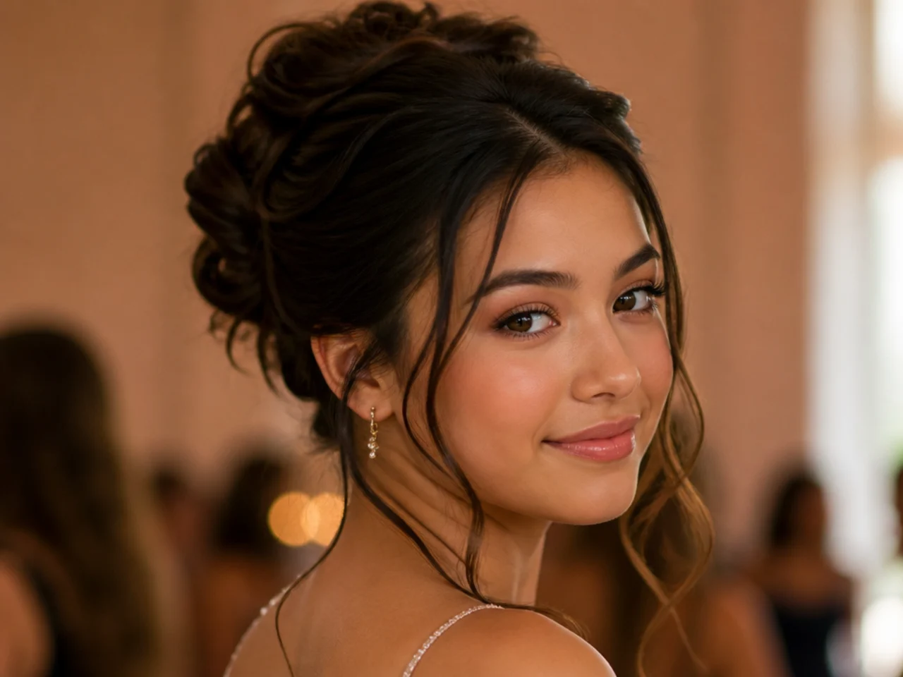 A textured updo with loose tendrils at the temples