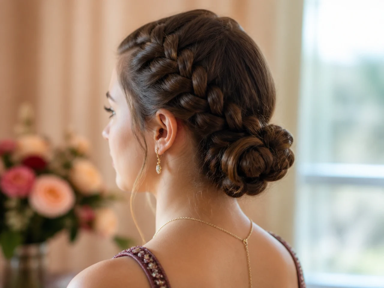 A Dutch braid running back into a low bun