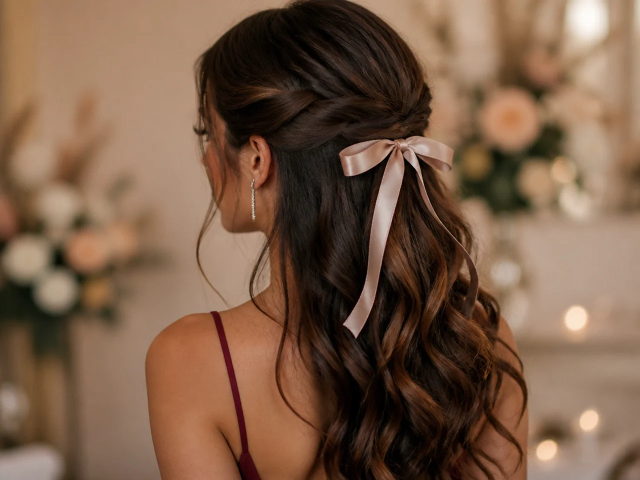 A half up hairstyle tied with a satin ribbon