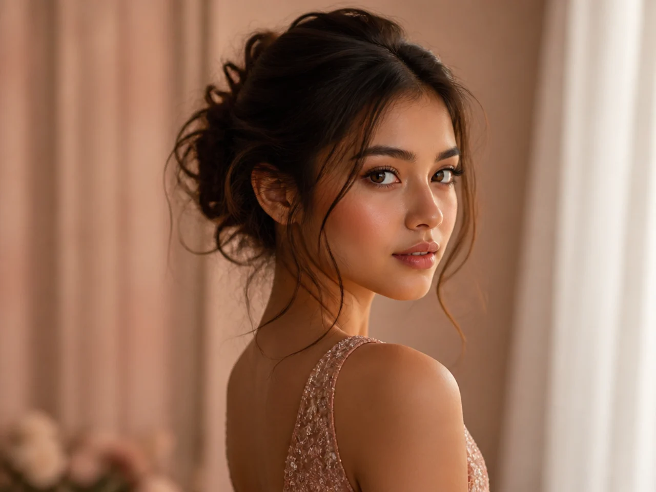 A soft messy bun with loose pieces framing the face