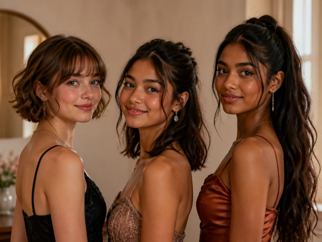 Three homecoming styles shown on short, medium and long hair