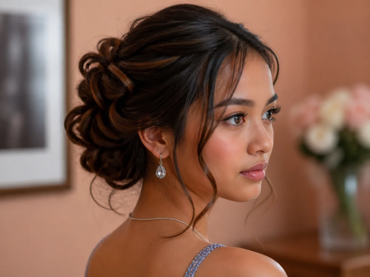 Three quarter view of a finished homecoming updo