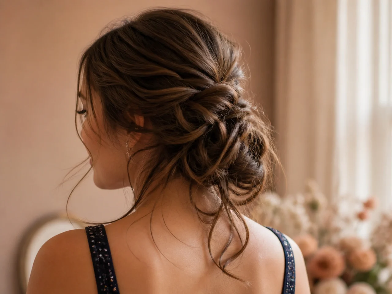 A loosened updo slipping at the back of the head