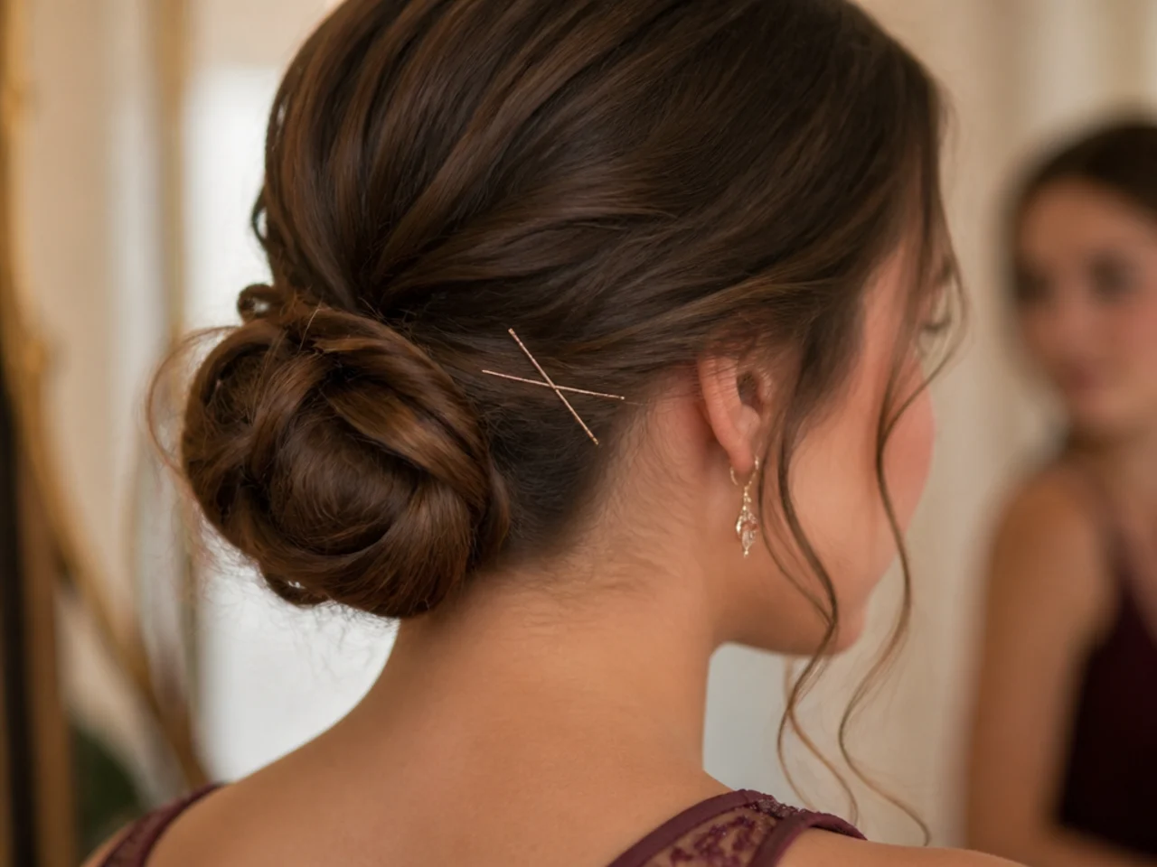 Bobby pins crossed in an X under a low bun