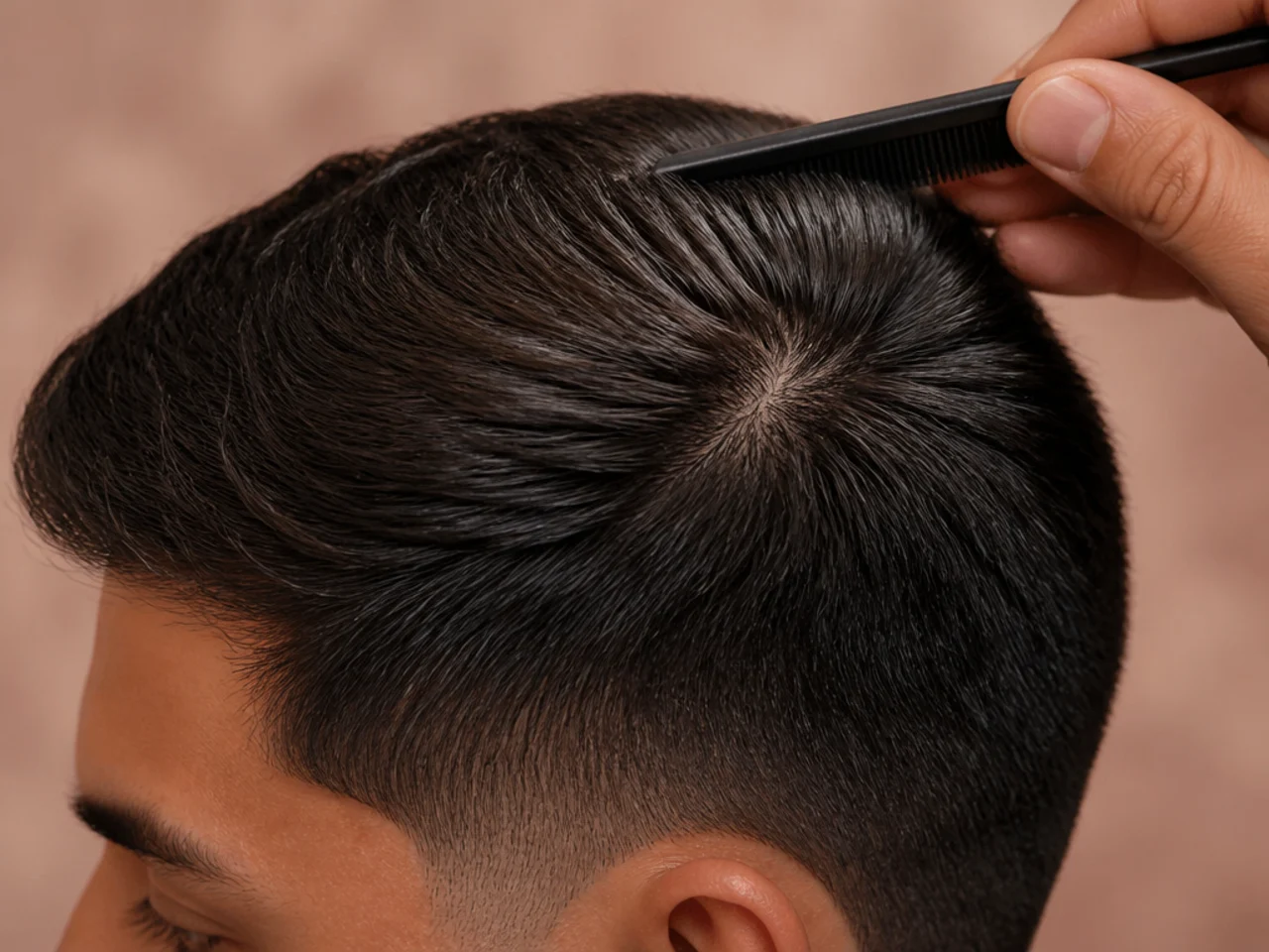 A cowlick located by combing hair flat